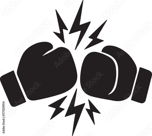 Boxing Gloves Icon Silhouette with Lightning Impact Vector Illustration