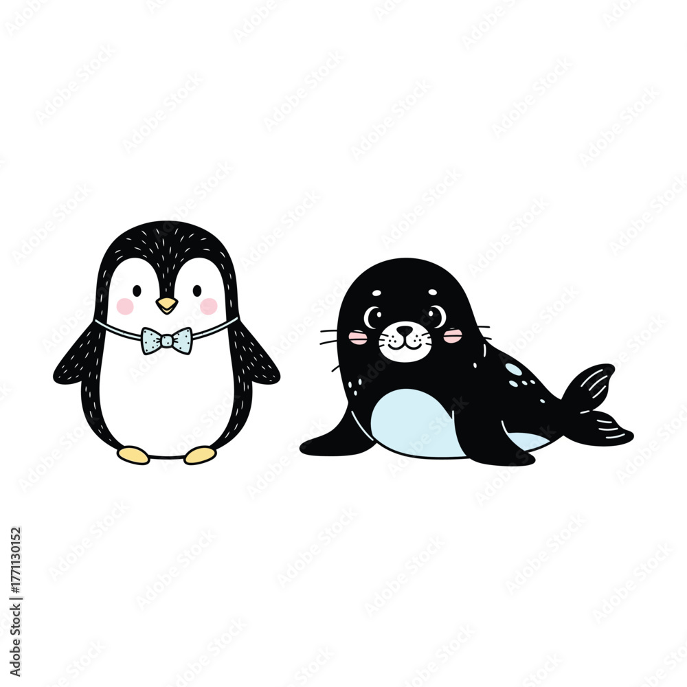 Fototapeta premium Cute Cartoon Penguin and Seal Illustration animal wildlife arctic antarctic ocean marine mammal bow tie character drawing clipart