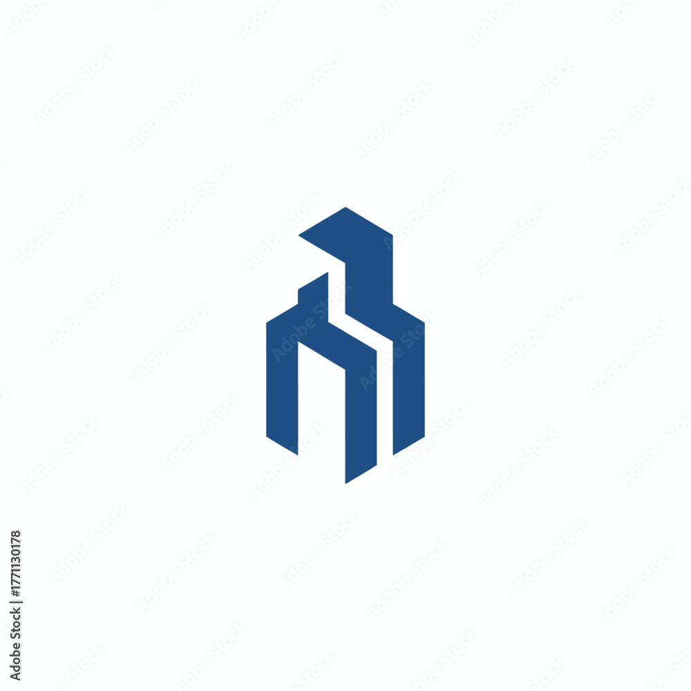 Fototapeta premium A geometric, blue architectural emblem. Three stylized, interlocking forms, clean lines, and a minimalist design