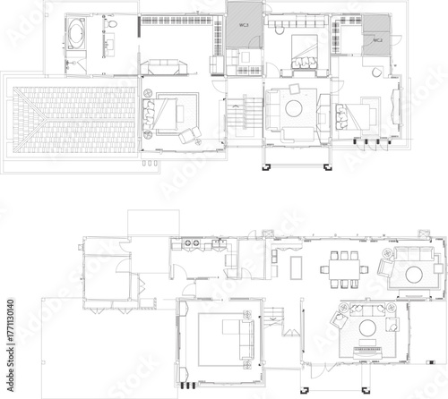 Black and White Drawing Layout of a Two-Story Residential Building with Furniture Arrangement for Interior Design