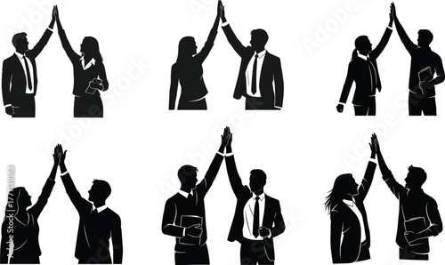 Business teamwork, corporate success, silhouette professionals, high five gesture, partnership celebration, office collaboration, unity, agreement, motivation, leadership, support, strategy, 