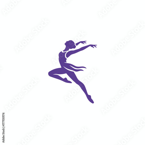 A graceful purple silhouette of a ballerina in a leaping pose, with arms extended