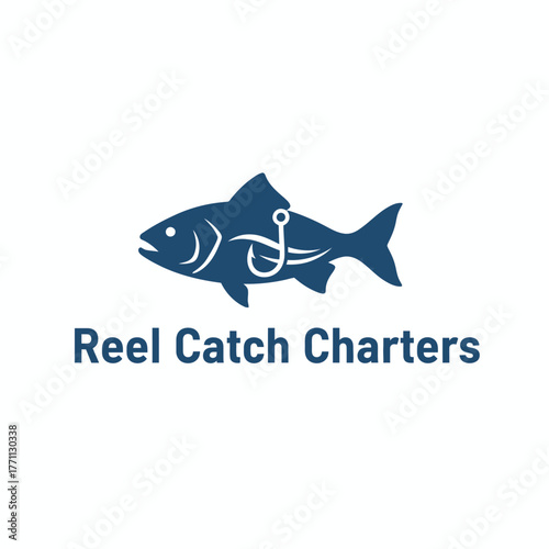 A blue fish with a fishing hook design, accompanied by the words "Reel Catch Charters.