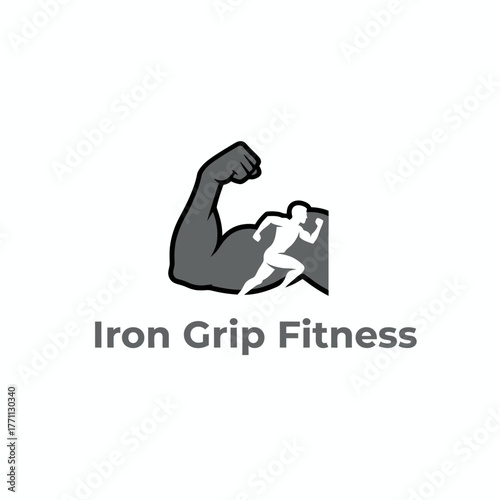 A logo design with a muscular arm flexing and a runner figure, with text underneath