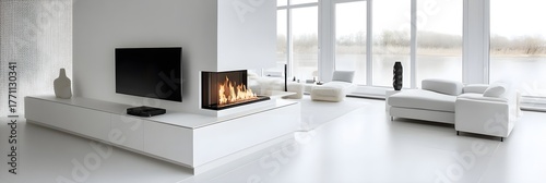 Modern White Living Room with Fireplace and Lake View