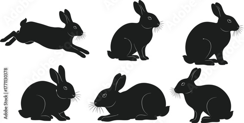 Silhouette rabbits in leaping, sitting, crouching, lying poses—black and white vector illustration for wildlife, nature, forest animal concept