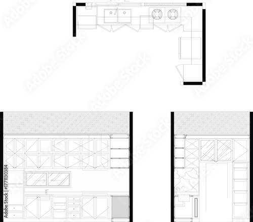 Built-in Kitchen Furniture Design in Luxury Classic Style with Perfect Cabinet Arrangement Including Stove, Refrigerator, and Sink Placement