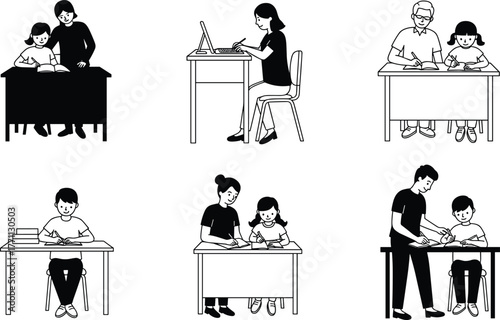 Silhouette children learning with adults at desks, tutoring, homework help, education scenes, black and white vector illustration for school concept