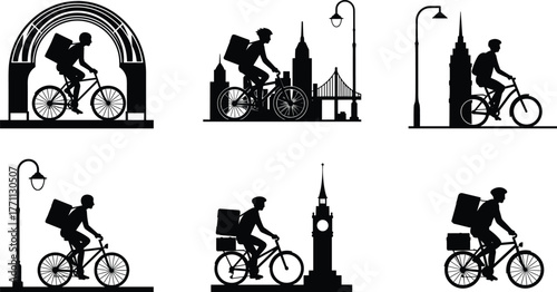 Silhouette bicycle delivery person in city scenes with buildings, bridges, street lamps, urban logistics, black and white vector illustration