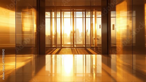 Warm sunset light fills a modern hallway with reflections and shadows in a city building