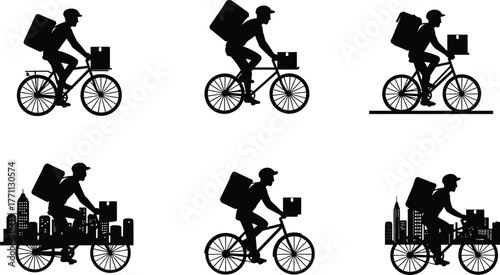 Silhouette bicycle delivery person with backpack and box in urban cityscape, courier service, fast transport, black and white vector art