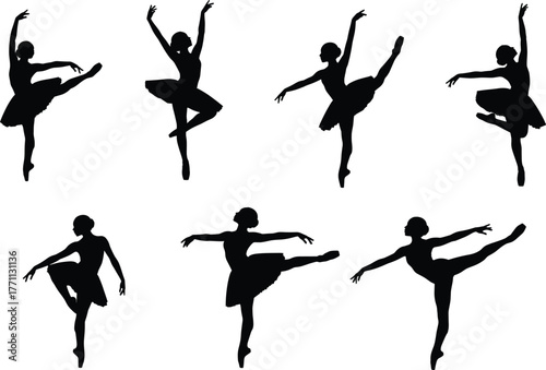 Ballet dancer silhouettes, elegant poses, classical movement, dance art, black figures, flexibility, grace, pirouette, arabesque, isolated white background