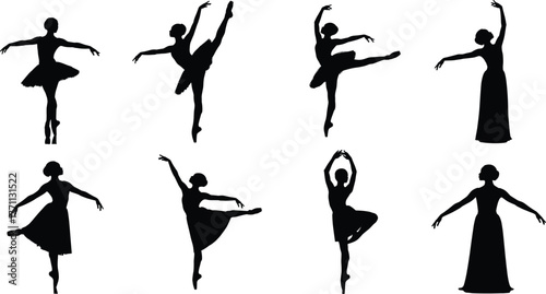 Ballet dancer silhouettes, elegant poses, classical movement, dance art, black figures, flexibility, grace, pirouette, arabesque, tutu, long dress, isolated background
