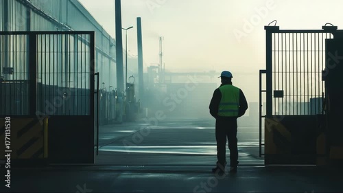 Worker stands at the gate of a foggy industrial site during early morning hours, ready for the day's tasks ahead
