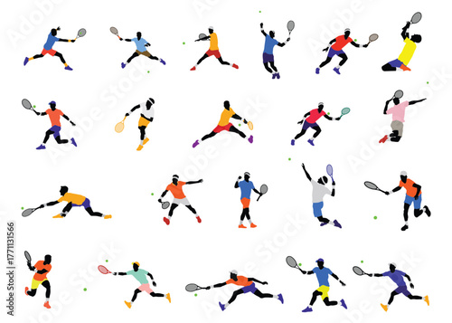 Set of color illustrations of tennis players in various poses. Tennis players, outdoor sports. Vector illustration.