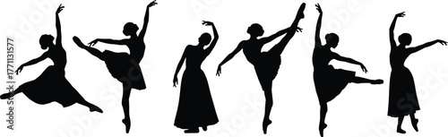 Ballet dancer silhouettes, elegant poses, classical movement, dance art, black figures, flexibility, grace, arabesque, pirouette, isolated background, standing leg, extended leg, tutu, long dress,  
