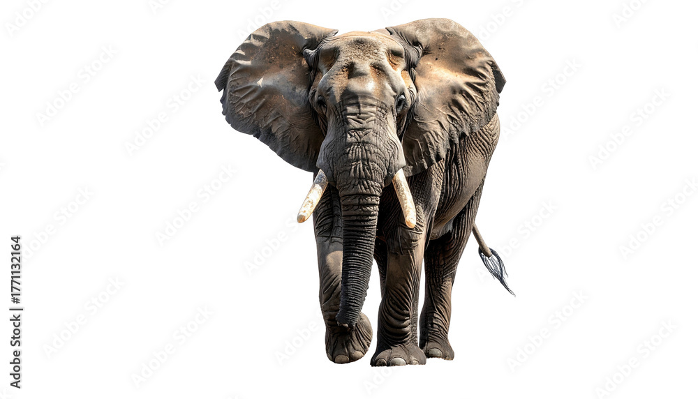 Fototapeta premium Huge elephant facing forward, tusks protruding, isolated