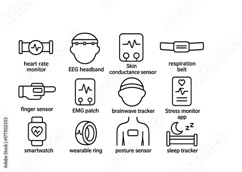 Wearable health technology icons: monitoring devices for heart rate, eeg, emg, and sleep tracking