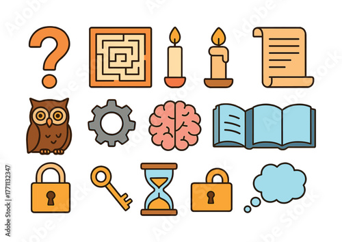 Puzzle symbols: maze, candles, scroll, owl, gear, brain, book, key, lock, hourglass