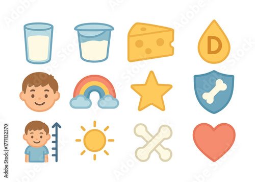 Nutrition icons for child growth and health - milk, cheese, vitamins