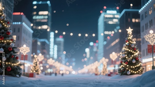 Christmas city street scene, with Christmas trees, lights and snow scenery interweaving, creating a romantic and warm festive atmosphere.