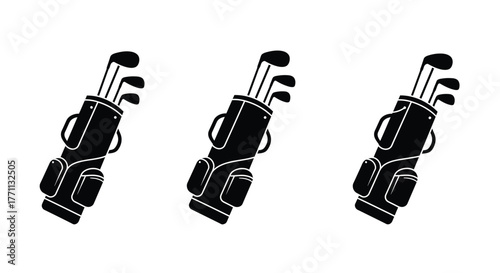 Three identical black and white illustrations of golf bags in a row