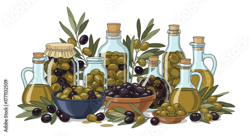 Assortment of green and black olives in jars and bowls, featuring olive oil bottles and branches, representing healthy Mediterranean food.