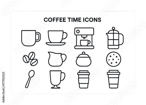 Coffee time icons: cups, teapot, coffee maker, french press, beans, cookie, spoon