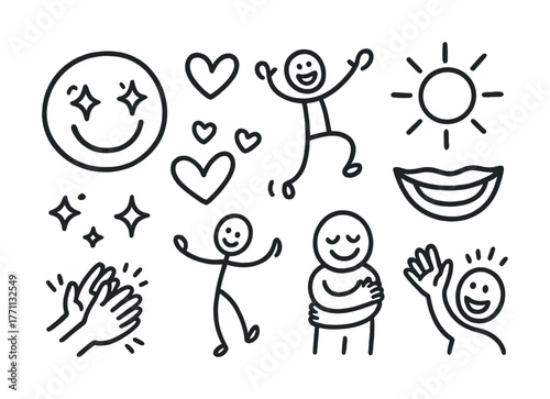 Happy stick figures with hearts, smiles, and sun doodles expressing joy