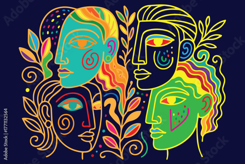 Bright and expressive abstract vector illustration with four colorful human faces, symbolizing emotion, unity, and the importance of mental health in modern life.