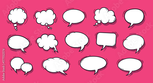 Comic book style speech and thought bubbles in various shapes and sizes on a vibrant pink background, illustrating communication and ideas.