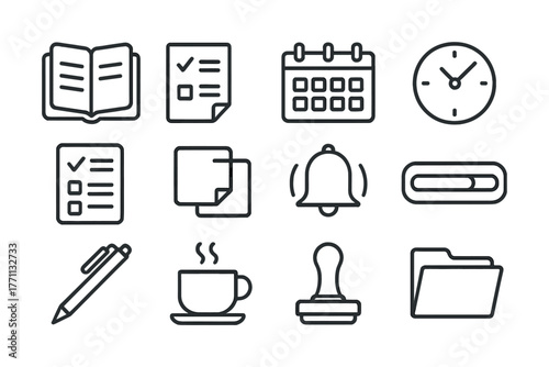 Minimalist office icons set: book, checklist, calendar, and more