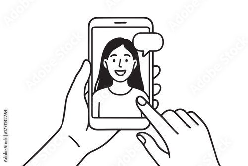 Vector illustration in black and white of a hand with a smartphone engaged in a video chat, expressing the theme of technology, contact, and digital presence.