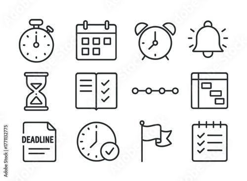 Time management icons: stopwatch, calendar, alarm, notification bell, hourglass, checklist, timeline, gantt chart, deadline, clock, flag, planner