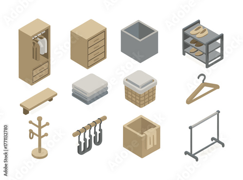 Isometric closet storage items collection with wardrobe, hangers, boxes, and shelving