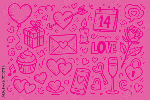 Romantic vector doodle background themed around Valentine’s Day, featuring hearts, arrows, and love symbols in elegant gradient pink shades, creating a warm lovely mood.