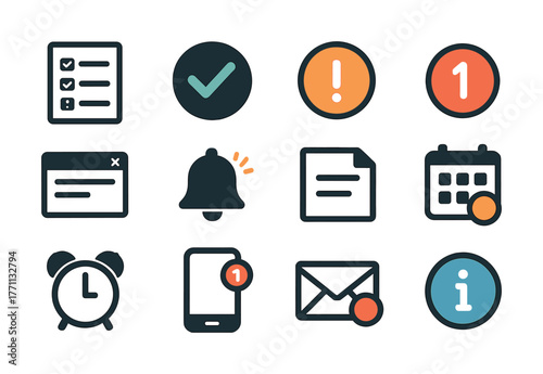 Notification and information icons set with checklists and alerts