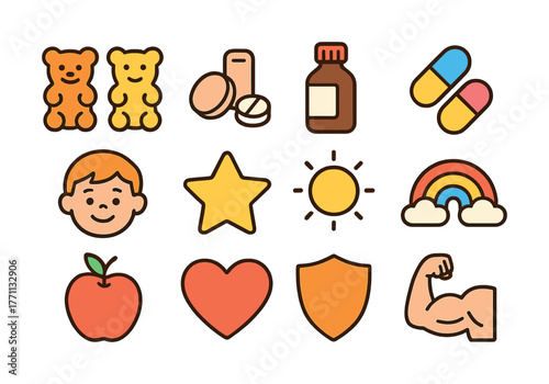 Colorful health and wellness icons: bears, medicine, sun, rainbow, heart, muscle