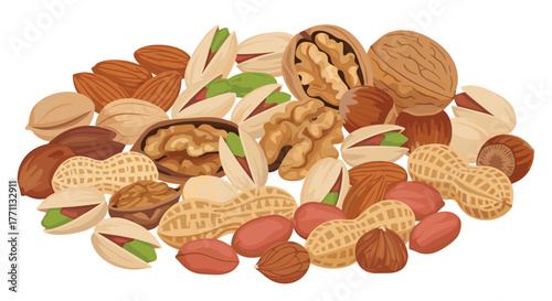 A delightful and diverse collection of healthy mixed nuts, including almonds, pistachios, walnuts, peanuts, and hazelnuts, on white.