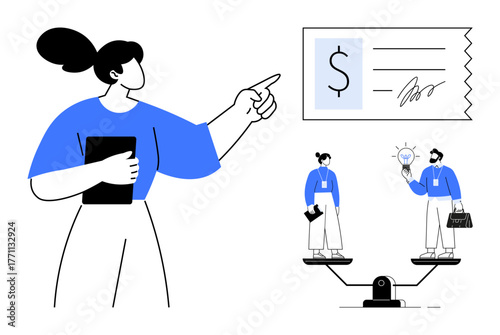 Woman presenting scale weighing professionals, financial document with signature. Ideal for equality, business analysis, negotiation, teamwork, decision-making, leadership financial balance. Simple