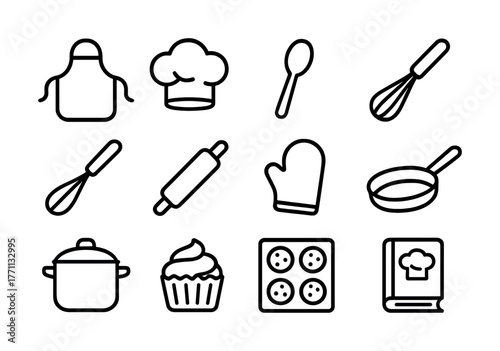 Kitchen icons set: cooking utensils and baking tools in line art style