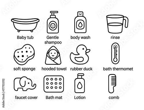 Baby bath essentials icons: tub, shampoo, sponge, rubber duck, lotion, thermometer, comb