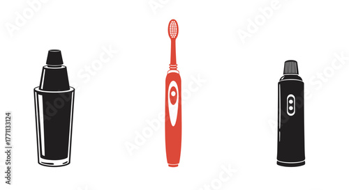 A simple illustration featuring a toothbrush toothpaste and mouthwash bottles