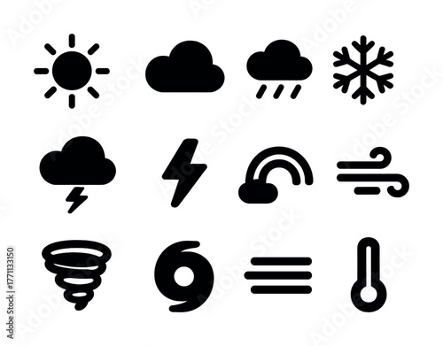 Weather icons set: sun, cloud, rain, snowflake, lightning, rainbow, wind, tornado, hurricane, thermometer
