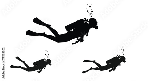 Silhouette of a scuba diver exploring underwater with bubbles rising