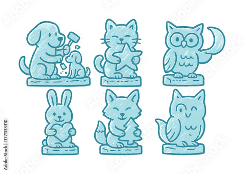 Cute animals: dog, cat, owl, rabbit, fox figurines with stars, hearts, and moon