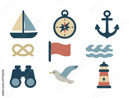 Nautical icons: sailboat, compass, anchor, lighthouse, flag, waves, sea