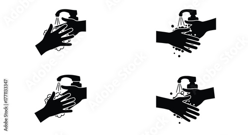 Black and white illustrations depicting proper hand washing techniques for hygiene