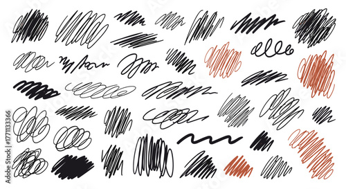 A diverse collection of energetic hand-drawn scribbles, loops, and textured strokes in black and sepia tones, suitable for artistic design projects.