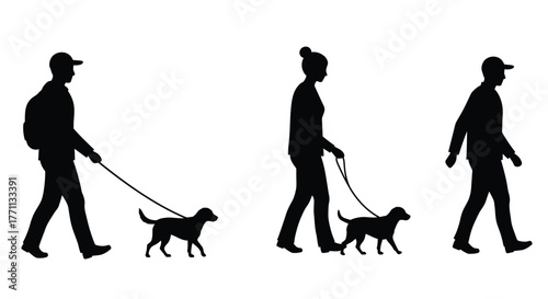 Silhouettes of people walking their dogs on a simple white background